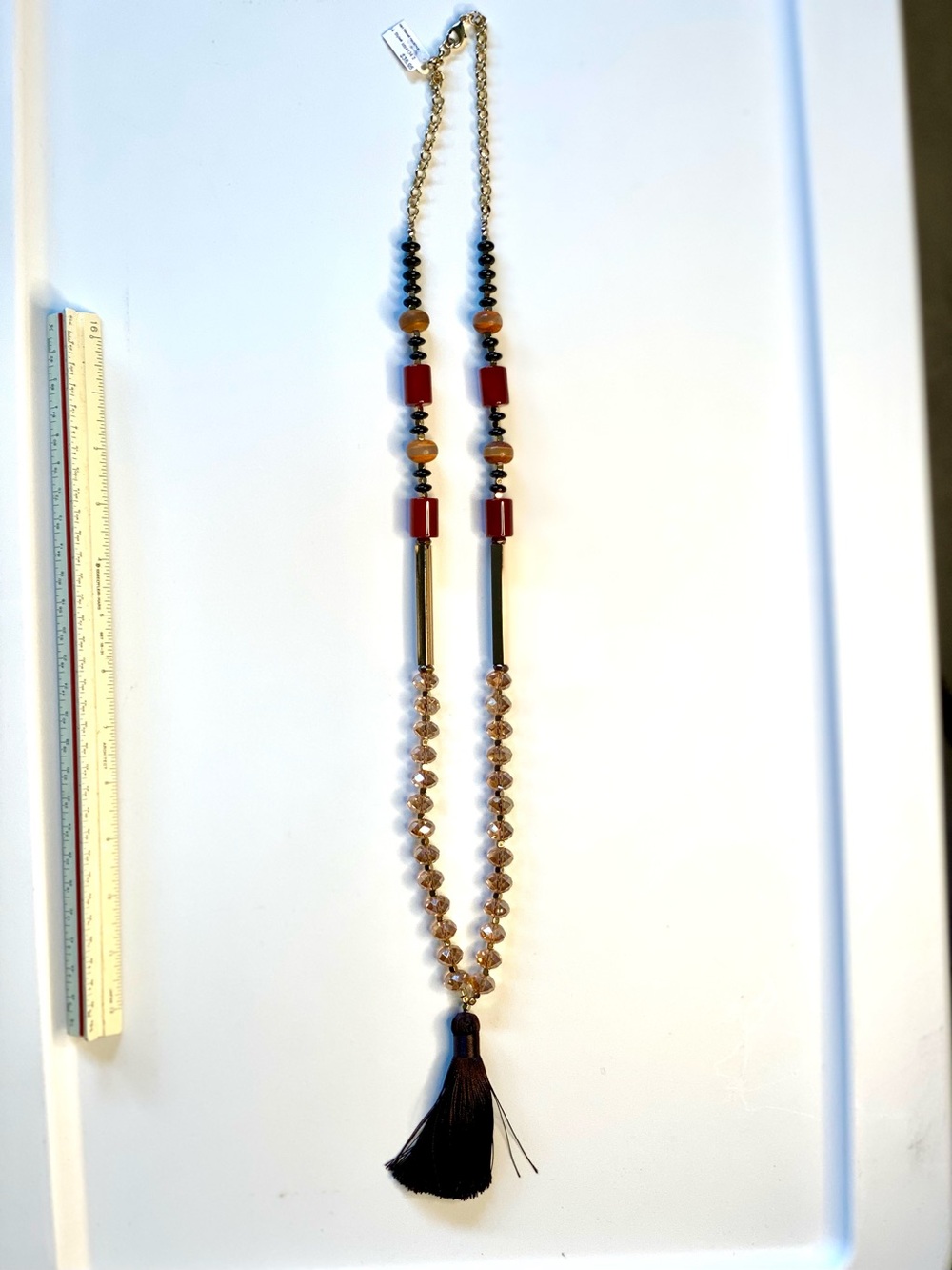 Brown Beaded Boho Tassel Necklace with Red Accents